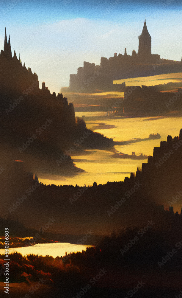 Abstract painting flat illustration of medieval old fantasy castle on the top of mountain. Fort on the rock peak. Mountains and field landscape