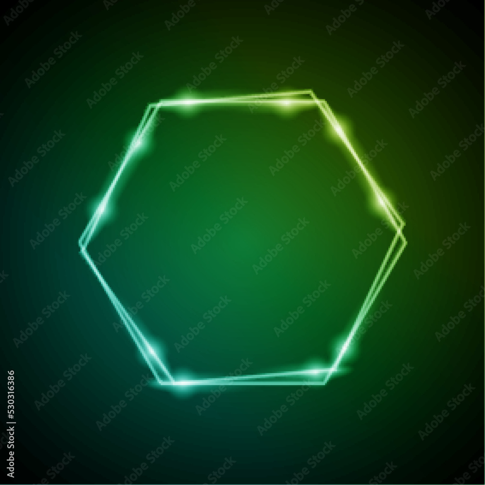 Neon Frame with Glow, and Sparkles. Electronic Luminous Heksagons Frame in Green Colors, for Entertainment Message or Promotion Theme on Dark Backdrop Neon Frame with Glow, and Sparkles. Electronic Luminous Heksagons Frame in Green Colors, for Entertainment Message or Promotion Theme on Dark Backdrop