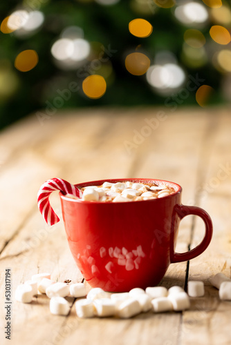 Image of cup with hot chocolate and marshmallows and copy space over christmas tree