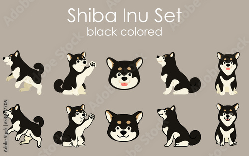 Simple and cute black Shiba Inu illustrations set