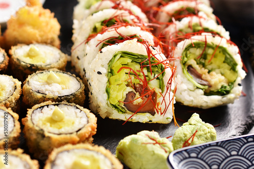 Japanese sushi rolls with shiitake and vegetables