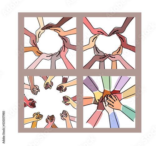 Set of illustrations of inclusion, equality and diversity. Multiethnic hands form a circle, heart and hold each other