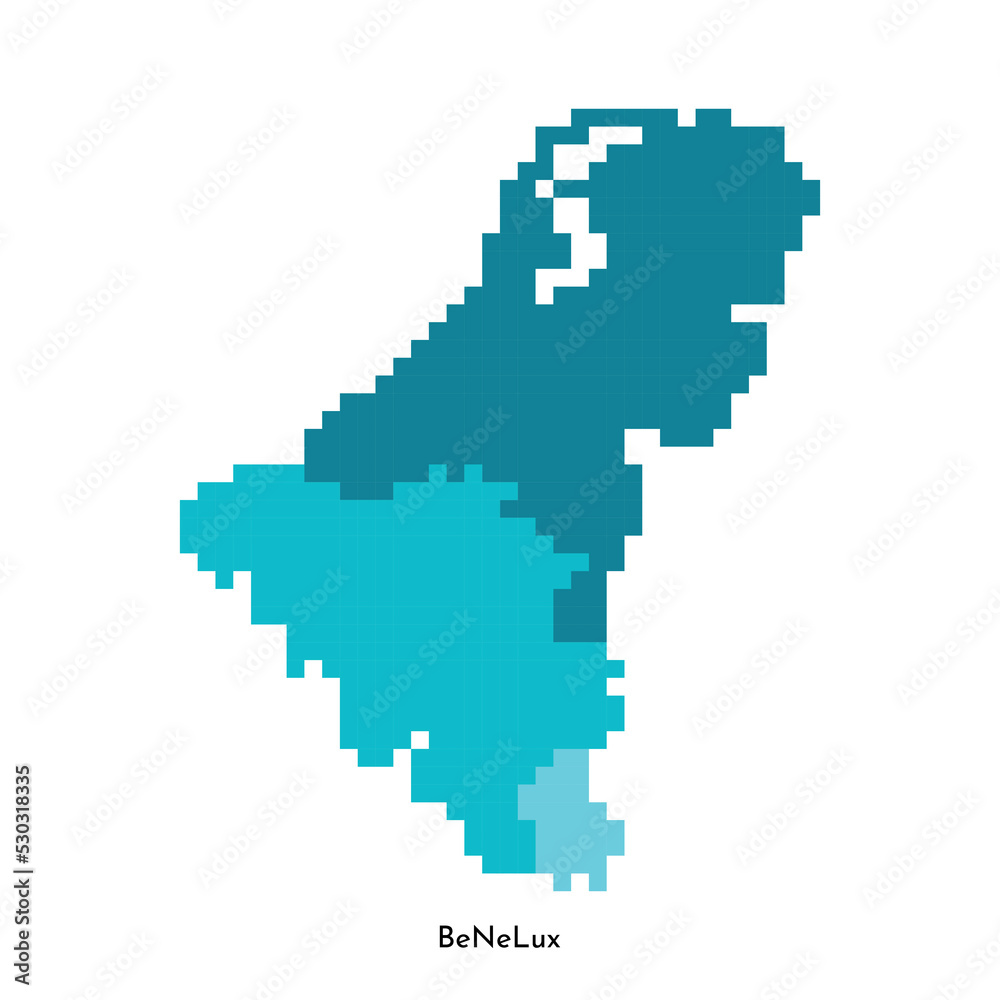 Vector isolated illustration. Simplified political map of states of Benelux Union (Belgium, Netherlands, Luxembourg). Colorful blue shapes in pixel style are template for nft art. White background