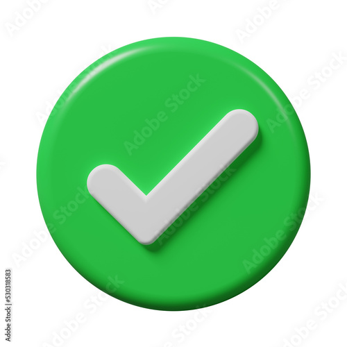 Green check, correct, like mark in a circle icon isolated on white background. Approved, pass, permission, checklist, poll vote, confirm sign on business agreement contact symbol concept. 3d rendering