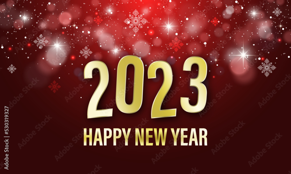 Winter seasonal holiday vector banner with snowflakes, glitters and stars. Happy New Year greeting card. 2023.