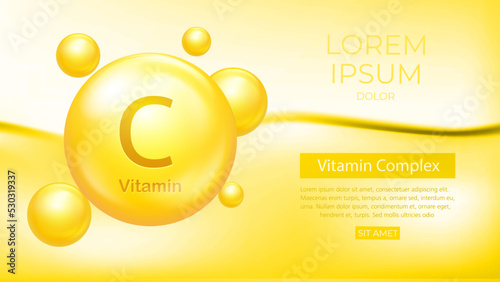 Vitamin C pills vector banner. Vitamin complex medical capsules for health care and beauty. Medical and scientific concepts. Vector EPS10