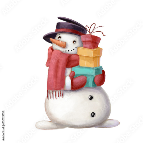 snowman with presents watercolor illustration with cartoon character