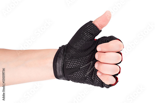 Bicycle gloves on white background. Gym equipment. Fitness. Workout gloves used to protect the hands from developing corns and calluses.