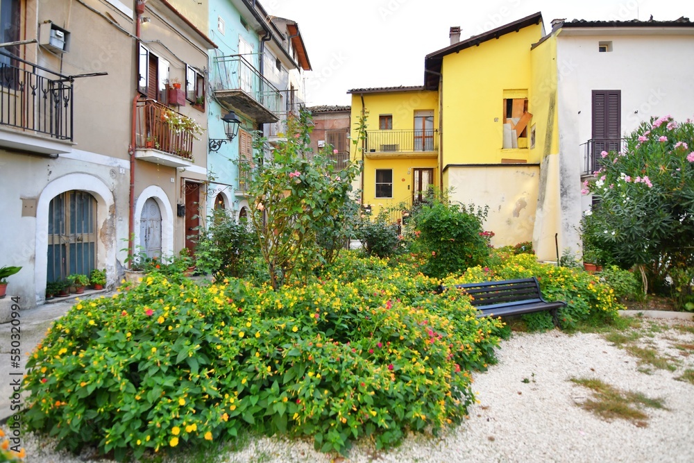 A small square between the old stone houses of Pratola Peligna, a medieval village in the Abruzzo region of Italy.