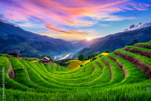 Beautiful Rice terraces at sunset in Mu cang chai, Vietnam. photo