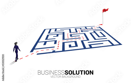 Silhouette of businessman with route path to exit the maze. Business concept for problem solving and finding idea.
