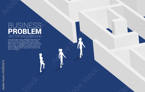 Silhouette of businessman and businesswoman walking to enter to maze. Business concept for problem solving and solution strategy