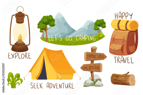 Set Camping travel, forest tent equipment sticker with text in cartoon style isolated on white background. Activity, outdoor portable house.