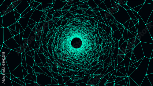 Abstract sci-fi tunnel. Wormhole absorbs cyberspace. 3D portal. Vector futuristic fantasy high-tech funnel.