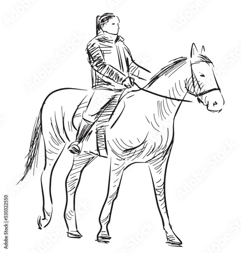 Outline drawing of girl riding a horse