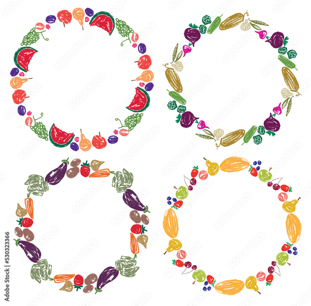 Set of various round frames from drawn fruit and vegetables Set of various round frames from drawn fruit and vegetables