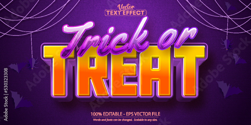 Tablou canvas Trick or treat text,  halloween style editable text effect on purple textured ba