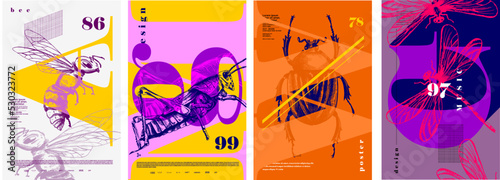Beetle, dragonfly, bee, grasshopper. Set of vector posters with insects. Engraving illustrations and typography. Background images for cover, banner, poster. T-shirt print.
