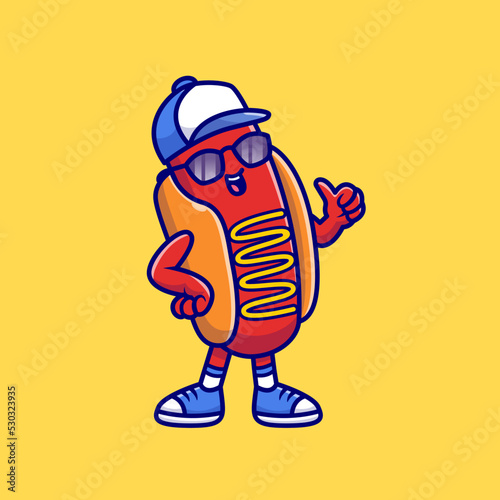 Cool Hotdog Wearing Sunglasses And Hat Cartoon Vector 
Icon Illustration. Food Fashion Icon Concept Isolated 
Premium Vector. Flat Cartoon Style