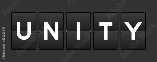 Black color analog flip board with word unity on gray background