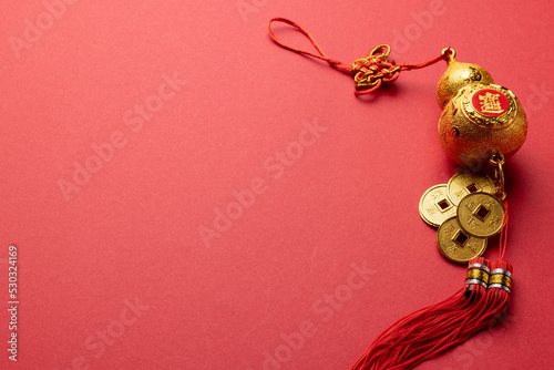 Composition of traditional chinese decoration on red background