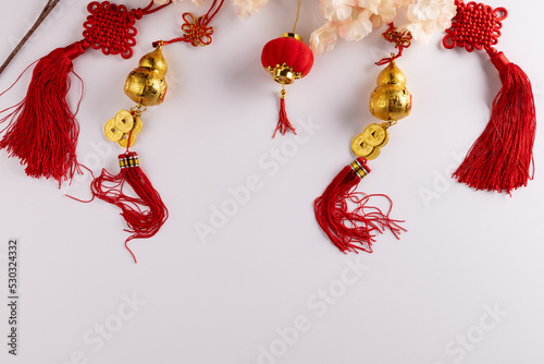 Composition of flowers and chinese decorations on white background