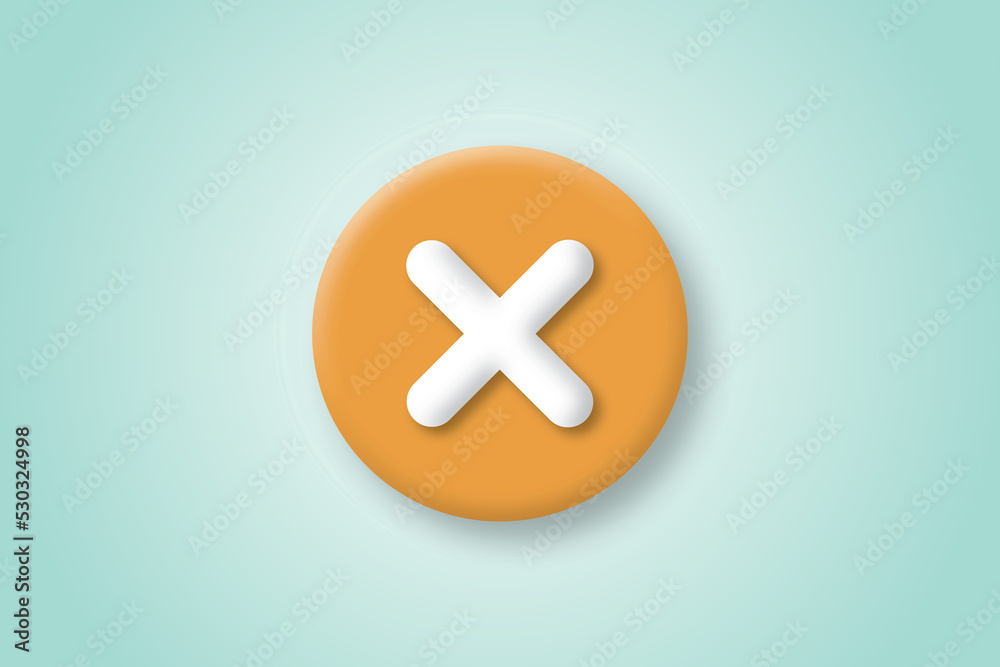 Fototapeta premium Check wrong alert icon on pastel green background. Negative check list button choice for false, 3d alert fail on application, correct, tick, problem, emergency. illustration of 3d paper cut style.