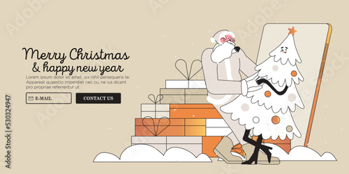 Merry christmas or happy new year greeting card with santa claus dancing with christmas tree near gifts. Creative banner, card, web page, poster, social media advertisement with funny modern santa.