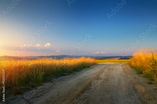 Autumn Italian rural landscape in retro style  Panorama of autumn field with dirt road and cloudy sky.