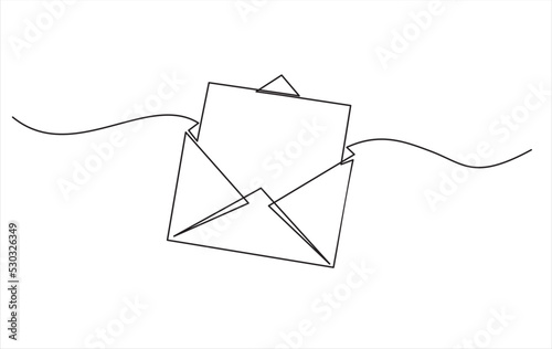 Continuous line drawing of open envelope with a letter photo