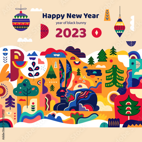 Happy New Year 2023 banner template in Scandinavian folk style. Symbol of 2023 year a black bunny. Happy Chinese New Year