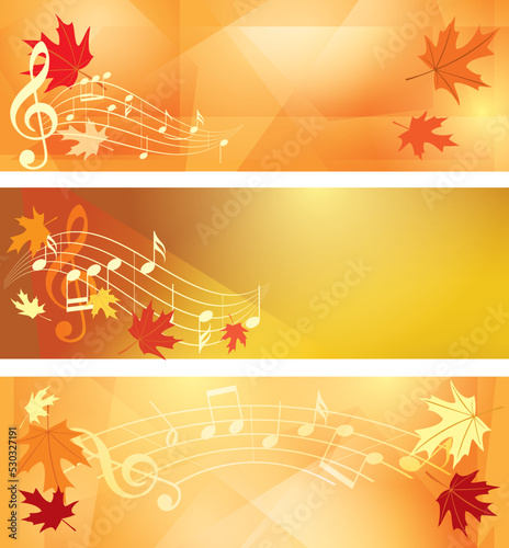 orange abstract autumn backgrounds - vector banners with music notes and maple leaves