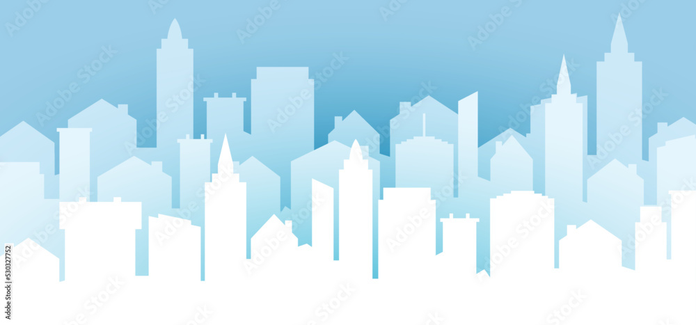 Cityscape. Cartoon urban skyline. City panorama, landscape, street, flat and office buildings. Wide horizontal panorama. Drawing silouette town view sky.