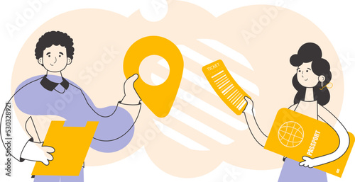 Travel agent team. Linear style. Vector.