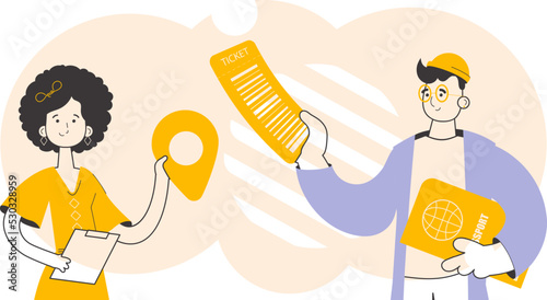 Travel agent team. Trendy linear style. Vector illustration.