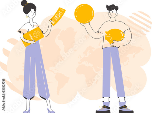 Travel agency. The guy and the girl sell vouchers. Trendy linear style. Vector.