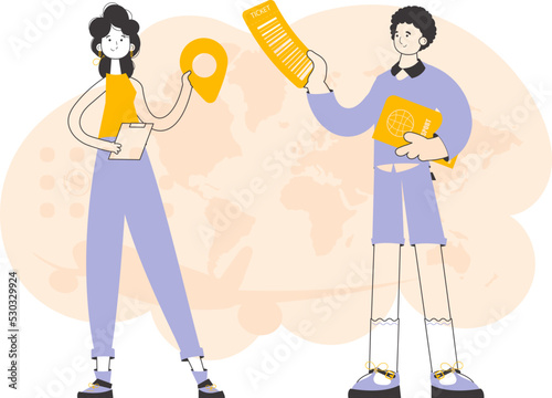 Travel agency. The guy and the girl sell vouchers. Trendy linear style. Vector.