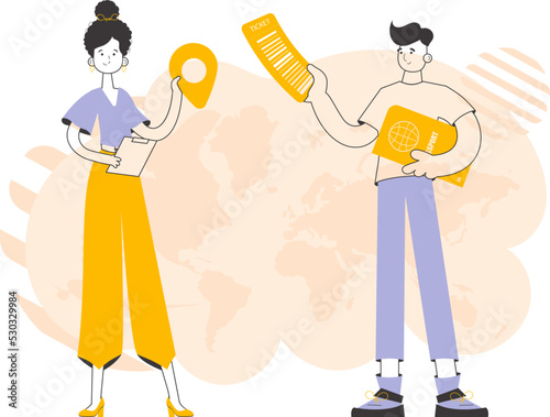 Travel tour team. Linear style. Vector illustration.