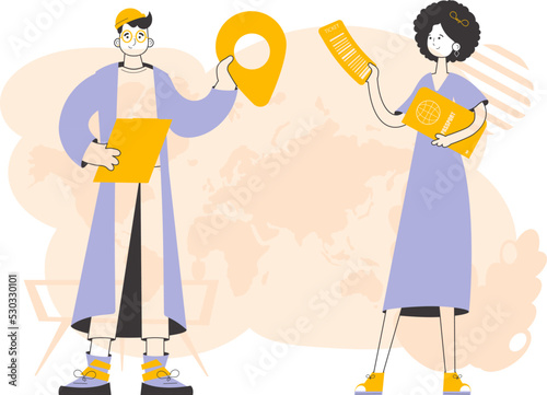 Travel tour team. Linear style. Vector illustration.