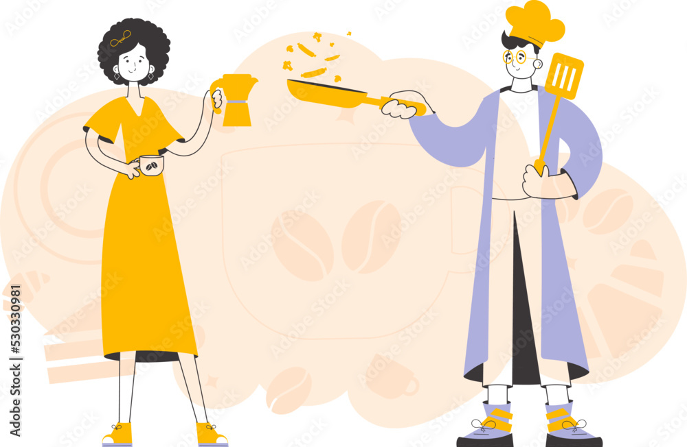 Chef and barista. Trendy linear style. Vector illustration.