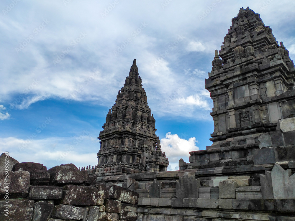 Prambanan Temple - The UNESCO world heritage site. Historical Indonesian Hindu holy temple, with blue sky background. 
