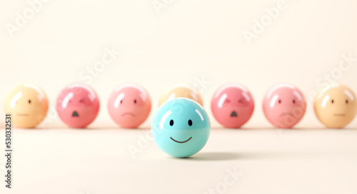 Closeup - emoji emoticon happy smiley face on set of emoji emoticons with sad mood, evaluation, Increase rating, Customer experience, Satisfaction and best excellent services rating concept, 3d render photo
