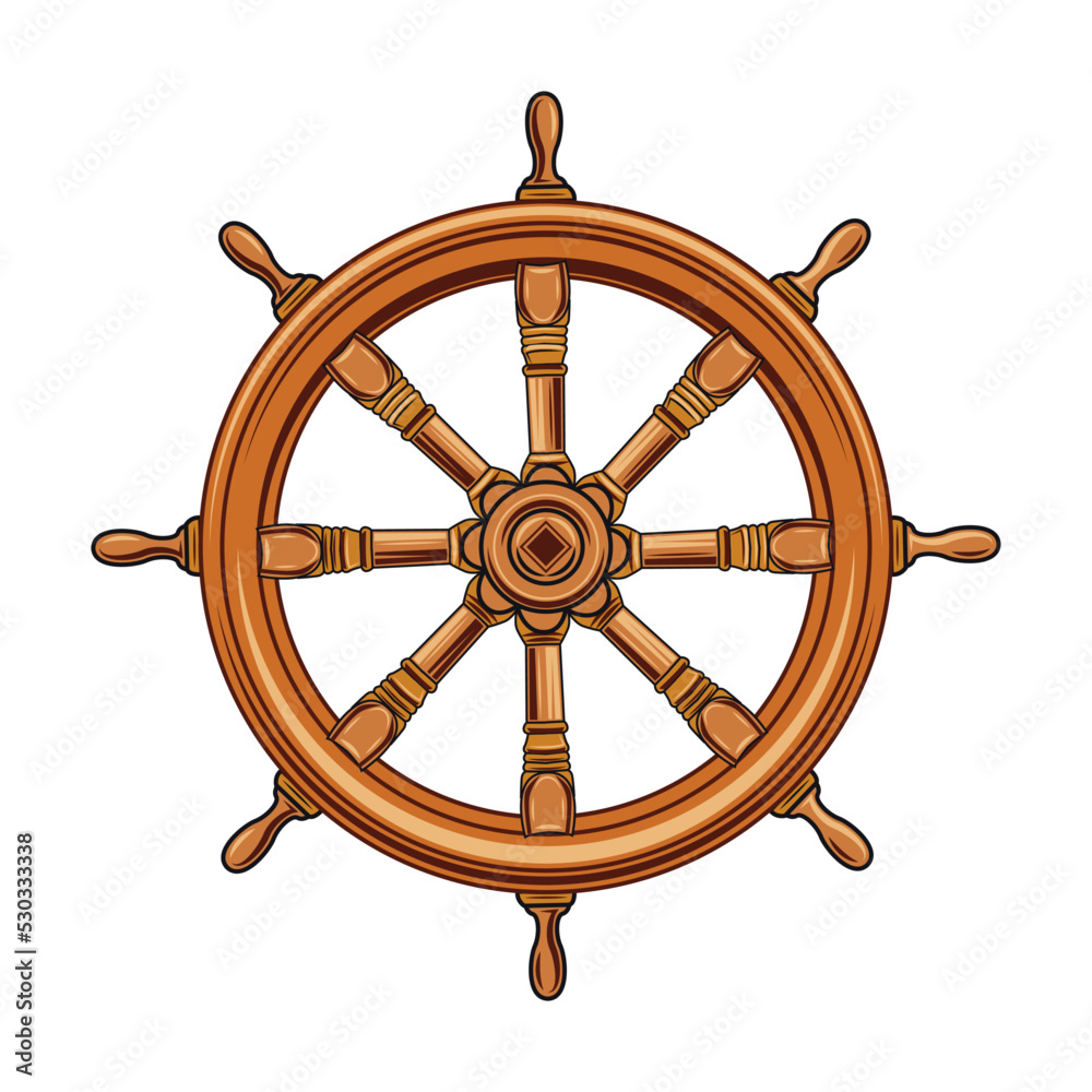 Ship steering wheel. Maritime and nautical element illustration. Vintage design with sea animals, ship, wave, anchor, pipe and bell isolated vector. Marine objects and accessories