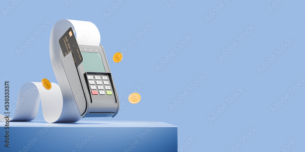 Bank terminal for paying for purchases with a printed receipt and coins. Shopping concept in stores. 3d rendering - obrazy, fototapety, plakaty 