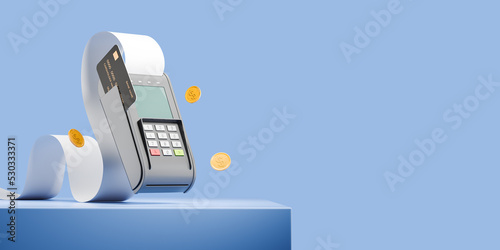 Fotografie, Obraz Bank terminal for paying for purchases with a printed receipt and coins