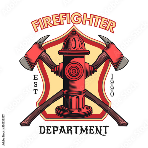 Firefighter patch. Badges with axes, hydrant, red heraldry with ribbons. Vector illustration for firemen