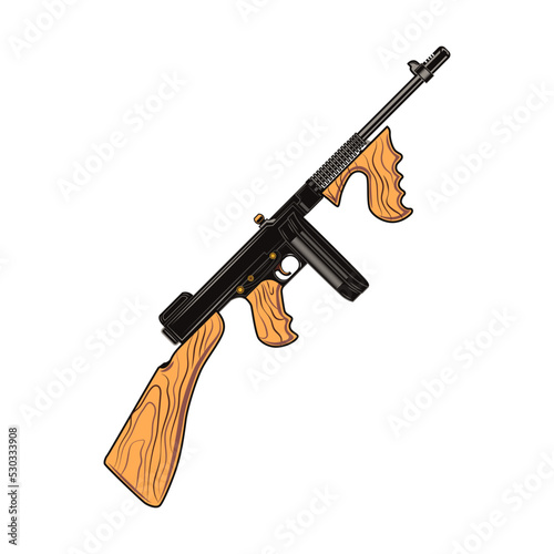 Black mafia and gangsters flat illustration. Colored retro bandit gun isolated vector. Military and weapon