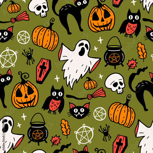 Seamless vector pattern, magic hand drawn doodle. Magic ghost, pumpkin, cauldron, cat, owl. Mystical holiday pattern.