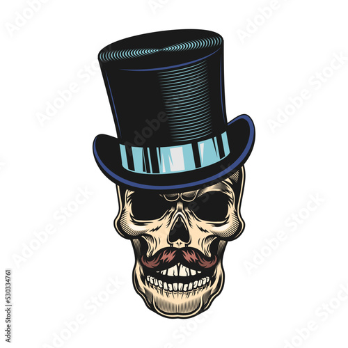 Skull badge. Scary skull with gentleman cap isolated vector. Design and racer tattoo