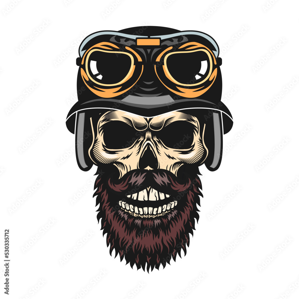 Skull in helmet. Motorcyclist hat with horns and googles, vintage rock symbols. Vector illustration for tattoo templates, emblem Skull in helmet. Motorcyclist hat with horns and googles, vintage rock symbols. Vector illustration for tattoo templates, emblem